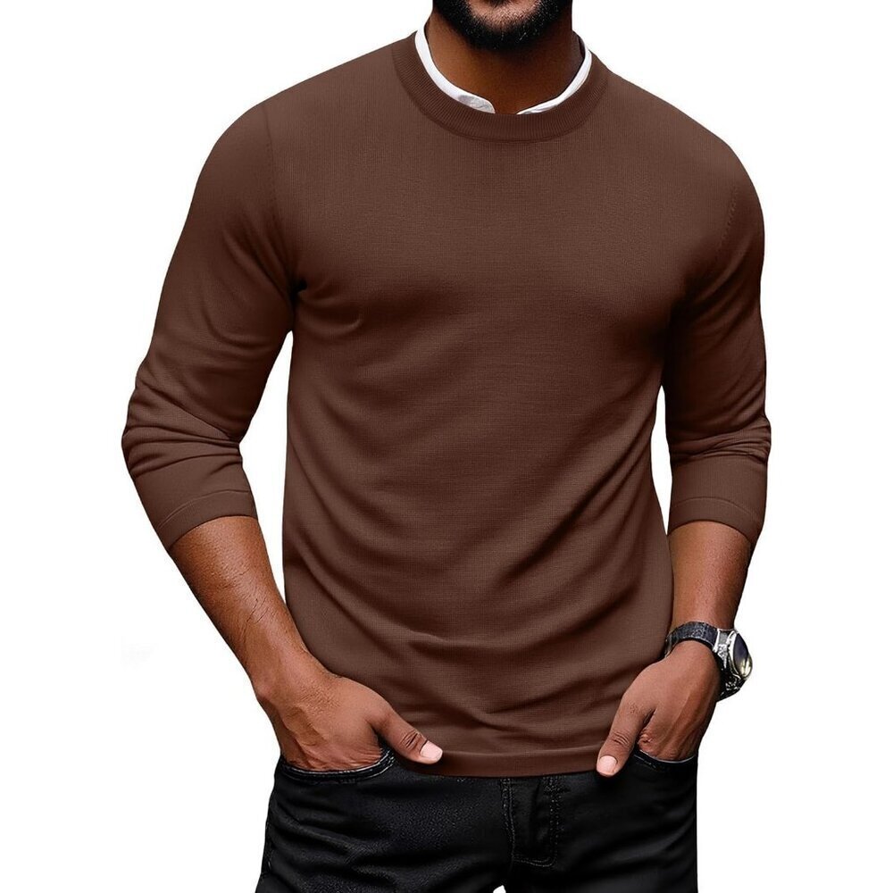 Coofandy Men Brown Crew Neck Pullover Long Sleeve Lightweight Dress Sweater